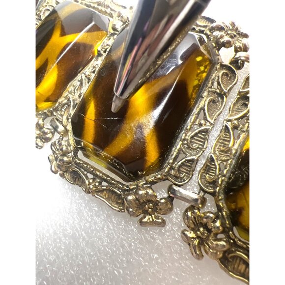 Vintage Animal Print Chunky Bracelet Lucite Brown Gold Cabochons Gold Tone  READ - Picture 11 of 11